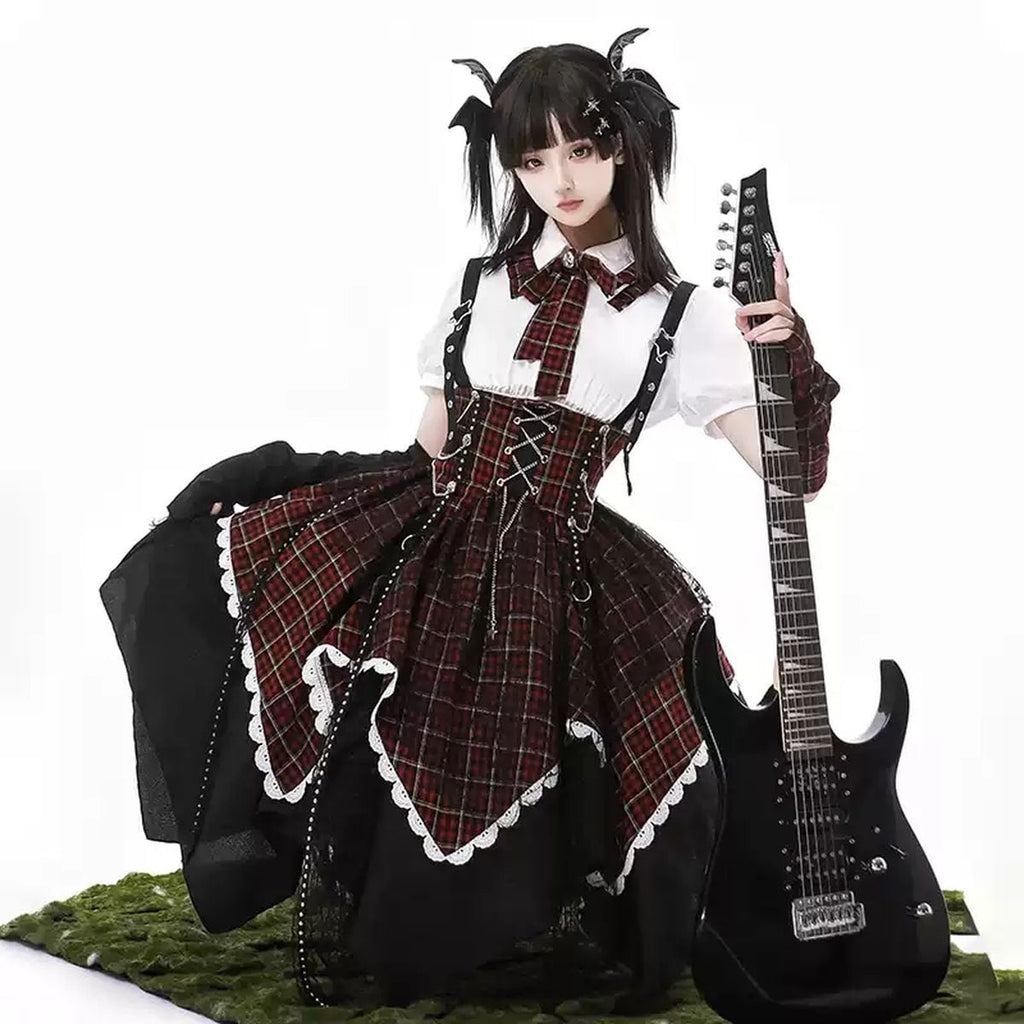 Punk Style Checkered Dress Set