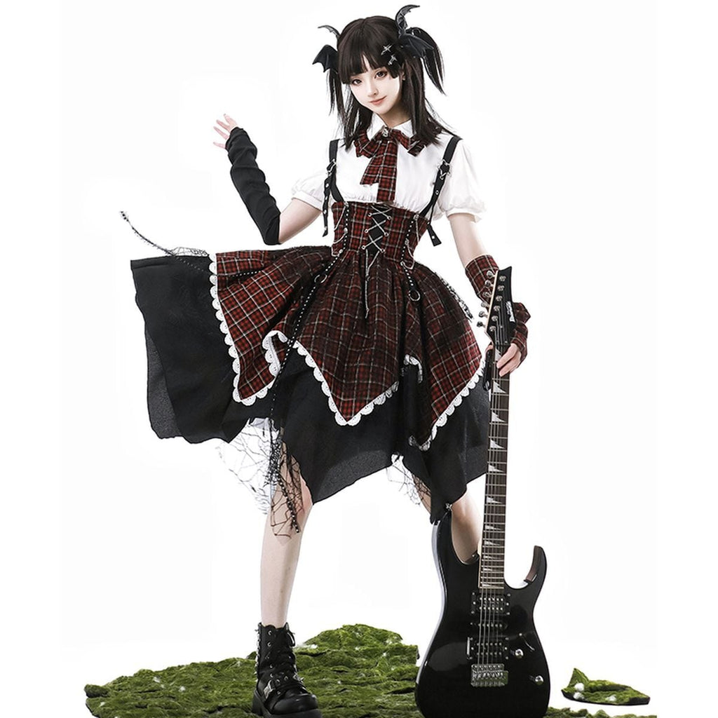 Punk Style Checkered Dress Set