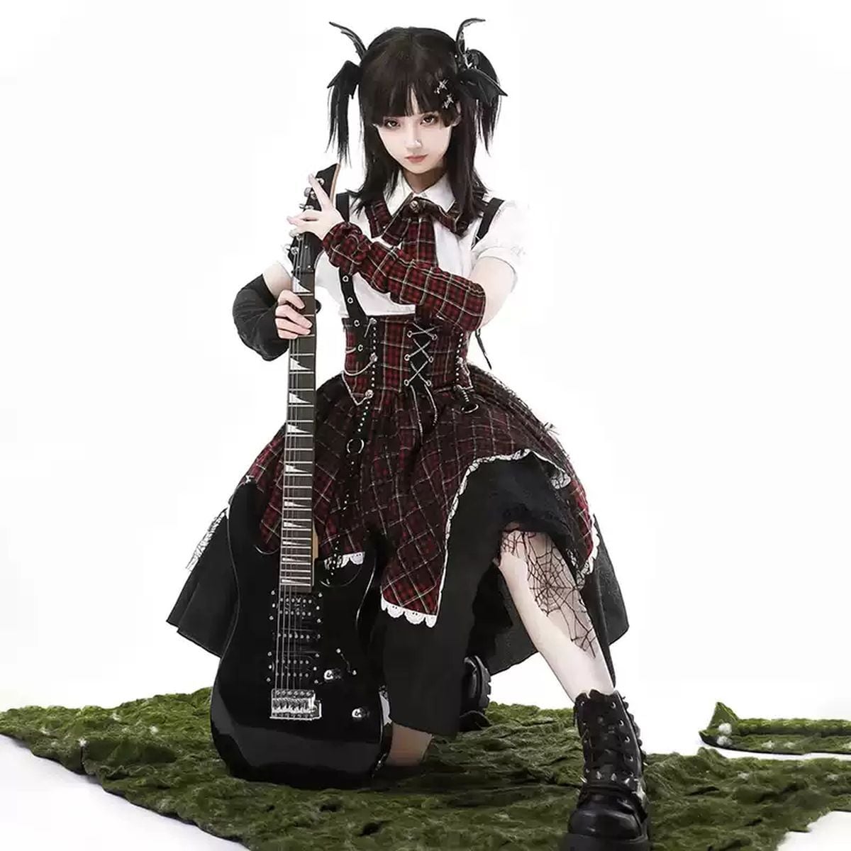 Punk Style Checkered Dress Set