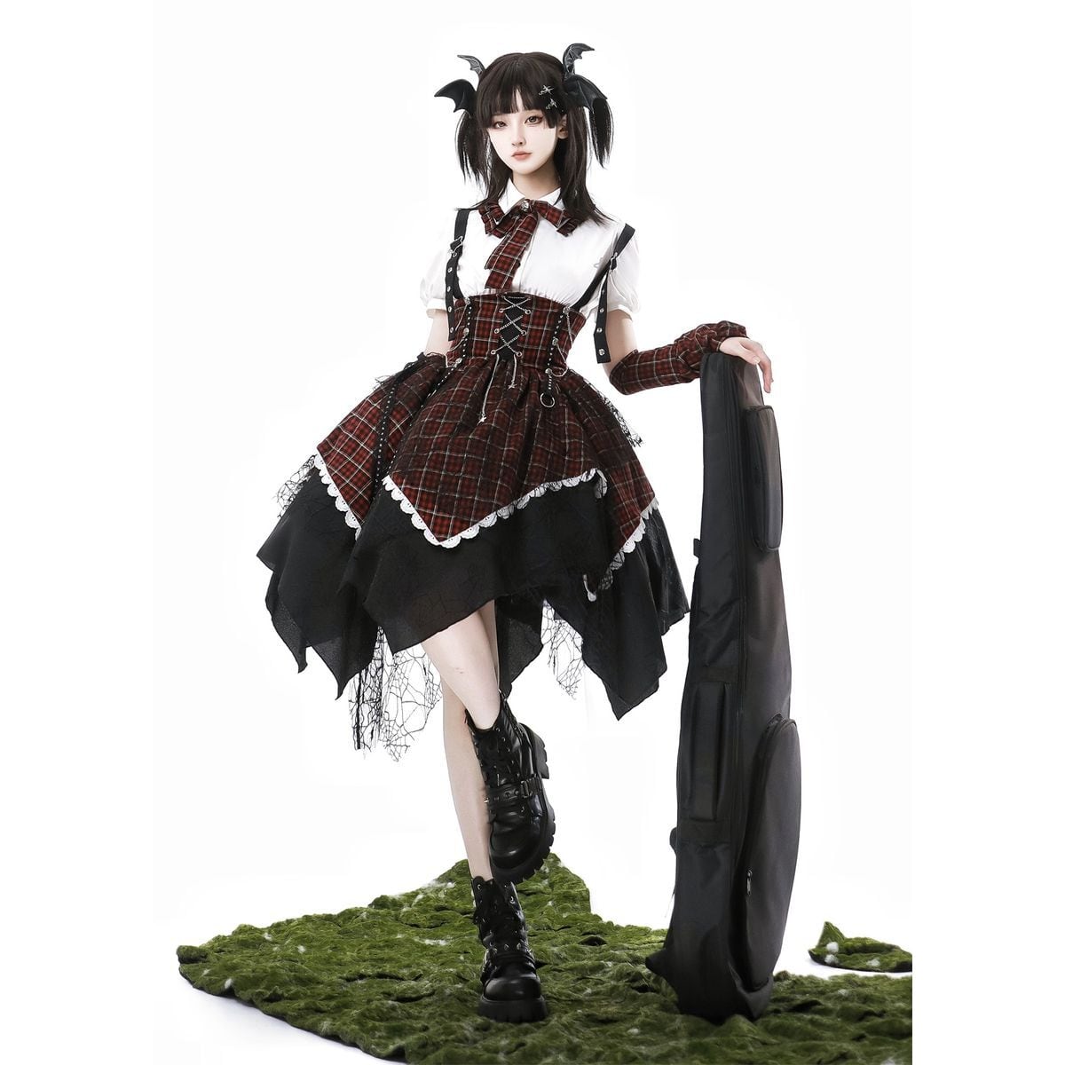 Punk Style Checkered Dress Set